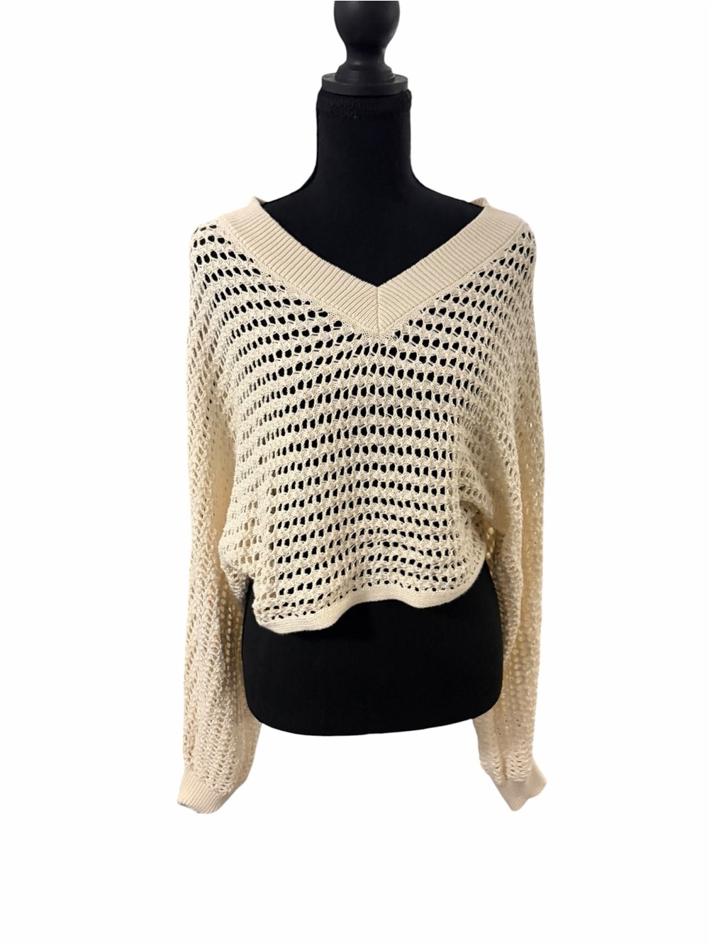 wild fable Cream Open-Knit V-Neck Sweater
